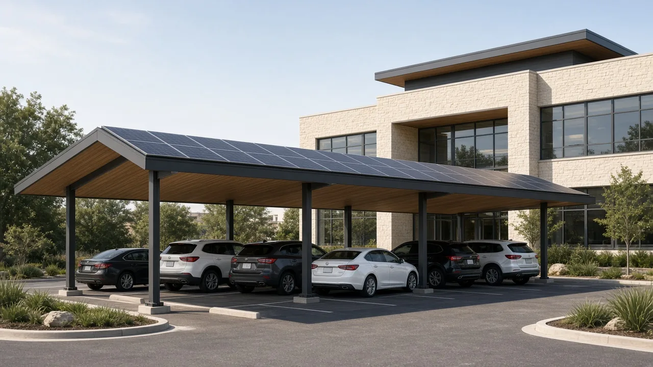 Commercial covered-parking canopy with solar panels on top, in a parking lot under live oaks